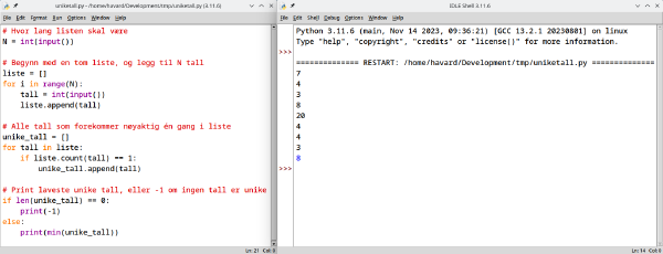 Skjermbilde av IDLE-editoren med kode, og input og output i IDLE-shellet