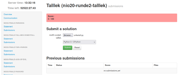 Skjermbilde av CMS sin submission-side, på siden for talllek (Unike tall)