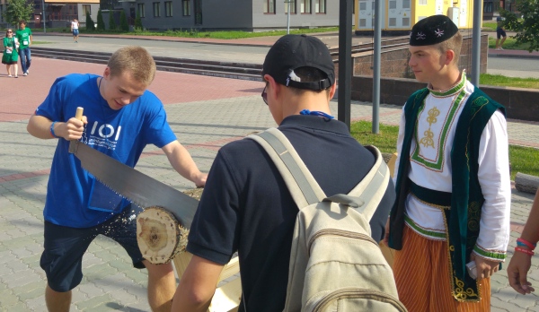 En IOI-deltaker sager gjennom en tømmerstokk med håndsag